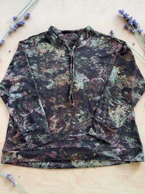 Christopher‎ & Banks PXL Mock Neck Top Blue Pink Print Drawstring